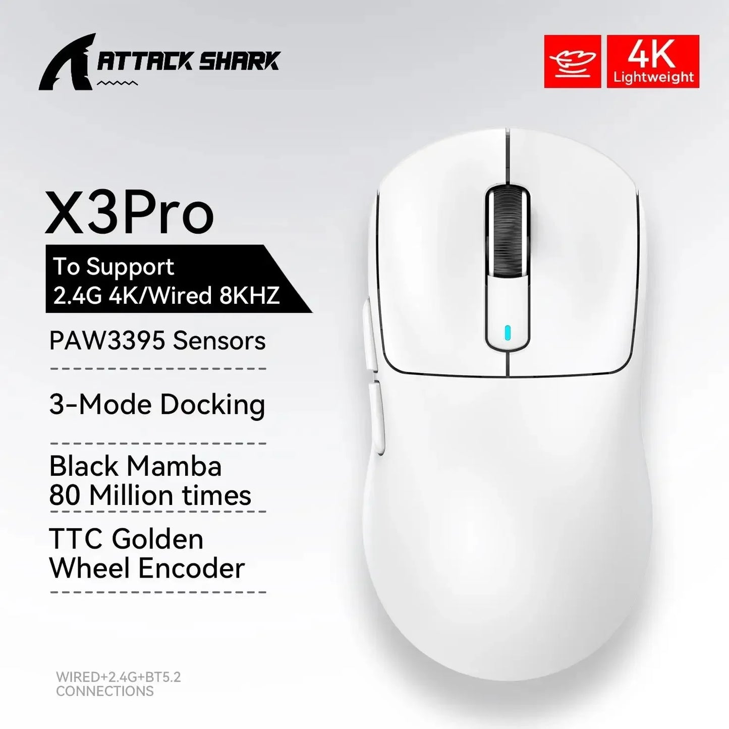 ATTACK SHARK X3 X3Pro 8K Wireless Gaming Mouse 26K DPI Tri-Mode Bluetooth Wired 2.4G Ultra-Light Ergonomic For VALORANT, FPS