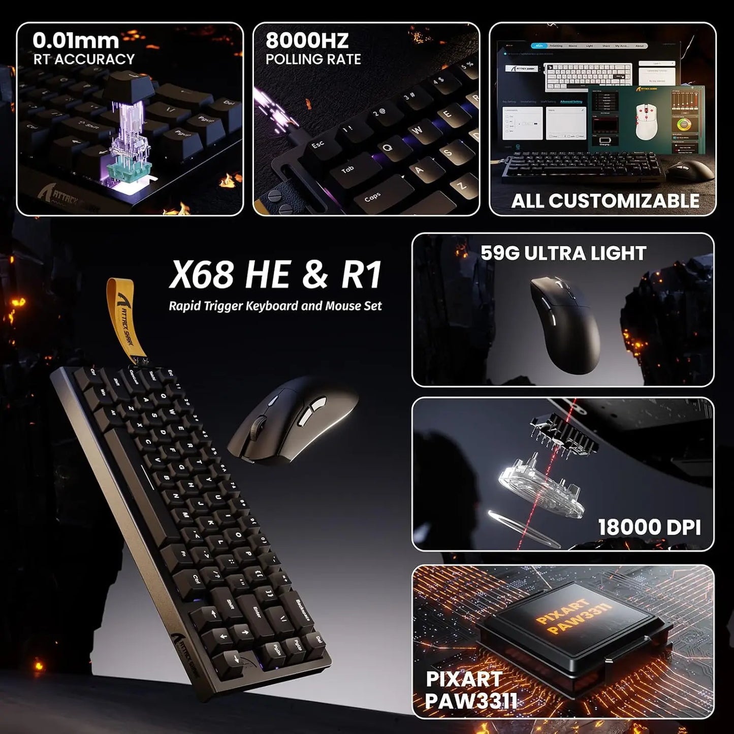 ATTACK SHARK X68 HE Magnetic Keyboard and R1 Mouse Combo 8K Rapid Trigger 66 Keys PAW3311 18000 DPI Gaming Keyboard Mouse Combo