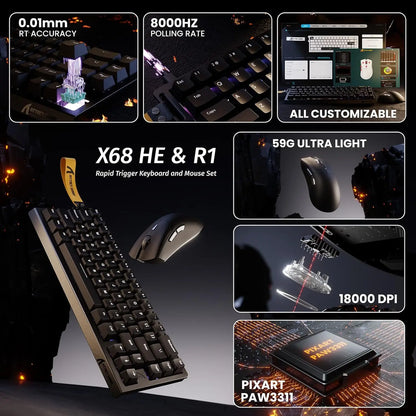 ATTACK SHARK X68 HE Magnetic Keyboard and R1 Mouse Combo 8K Rapid Trigger 66 Keys PAW3311 18000 DPI Gaming Keyboard Mouse Combo